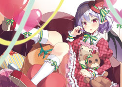 Rule 34 | 1girl, absurdres, arm up, balloon, beni kurage, blush, christmas, claw pose, collar, commentary, couch, dress, frilled collar, frilled dress, frilled socks, frills, full body, gift, green ribbon, hat, hat ribbon, heart balloon, highres, holding, holding stuffed toy, kneehighs, long sleeves, mary janes, nail polish, open mouth, plaid, plaid dress, pointy ears, pout, purple hair, red dress, red eyes, red footwear, red nails, remilia scarlet, ribbon, shoes, short hair, simple background, socks, solo, streamers, striped ribbon, stuffed animal, stuffed toy, teddy bear, top hat, touhou, white background, white socks, yellow ribbon