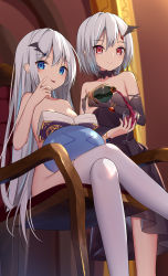 Rule 34 | absurdres, alcohol, black dress, blue eyes, book, bottle, bracelet, choker, convenient censoring, cup, dress, drinking glass, highres, jewelry, nude, nuolin (amaki-aria), nuoxi (amaki-aria), pouring, reading, red eyes, ringed eyes, sakutaishi, siblings, silver hair, slime, smile, thighhighs, tongue, tongue out, twins, wine, wine glass, witch&#039;s kiss is the smell of lily