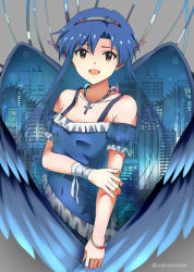 Rule 34 | 1girl, angel, ass, bandages, breasts, child, double exposure, dress, flat ass, flat chest, grey background, highres, idolmaster, idolmaster (classic), idolmaster 1, kisaragi chihaya, large wings, long hair, miraihaima, small breasts, solo, strapless, strapless dress, wings