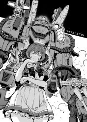 Rule 34 | 1girl, animal ears, bacius, bow, breasts, closed mouth, commentary request, cowboy shot, ear covers, ear ornament, gentildonna (umamusume), greyscale, highres, horse ears, horse girl, iron kong mk-ii, long hair, mecha, medium breasts, monochrome, petticoat, puffy short sleeves, puffy sleeves, robot, sailor collar, school uniform, short sleeves, skirt, smile, solo focus, summer uniform, tracen school uniform, translation request, umamusume, upper body, zoids