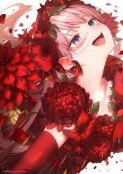 Rule 34 | 1girl, belle (ryuu to sobakasu no hime), blush, earrings, elbow gloves, facial mark, flower, flower earrings, gloves, grey eyes, highres, jewelry, leaf, open mouth, petals, pink hair, red flower, red gloves, ryota (ry o ta), ryuu to sobakasu no hime, signature, smile, solo