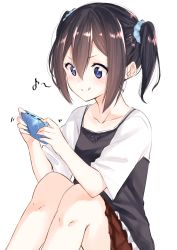 Rule 34 | 1girl, :q, alternate hairstyle, black hair, blue eyes, blue scrunchie, closed mouth, collarbone, eyebrows, focused, hair between eyes, hair ornament, hair scrunchie, handheld game console, highres, holding, knees up, kyoo-kyon (kyo-kyon), motion lines, musical note, original, playstation vita, quaver, scrunchie, shirt, short sleeves, simple background, sitting, skirt, smile, solo, spoken musical note, suzunari shizuku, tongue, tongue out, twintails, white background, white shirt, yuki arare