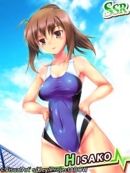 Rule 34 | 1girl, angel beats!, brown eyes, brown hair, competition swimsuit, hands on own hips, hisako (angel beats!), juusensha koubou, long hair, official art, one-piece swimsuit, ponytail, solo, swimsuit