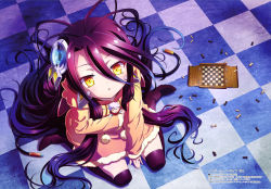 Rule 34 | 1girl, absurdres, between legs, black thighhighs, character doll, checkered floor, chess piece, chessboard, copyright name, from above, hair between eyes, hand between legs, highres, indoors, jewelry, long hair, looking at viewer, looking up, makabe makoto, megami magazine, no game no life, official art, parted lips, purple hair, ring, shuvi (no game no life), sitting, solo, thighhighs, very long hair, yellow eyes