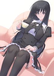 Rule 34 | 1girl, assault lily, black hair, black ribbon, black skirt, black thighhighs, buttons, closed mouth, commentary, couch, cropped jacket, cup, dutch angle, feet out of frame, frilled skirt, frills, grey eyes, hand on lap, hand up, head tilt, high-waist skirt, highres, holding, holding cup, jewelry, juliet sleeves, leg ribbon, light smile, long hair, long sleeves, looking at viewer, miniskirt, neck ribbon, on couch, puffy sleeves, ribbon, ring, school uniform, shiki hakana, shirai yuyu, shirt, sidelocks, simple background, sitting, skirt, solo, teacup, thighhighs, very long hair, white background, white shirt, yurigaoka girls academy school uniform