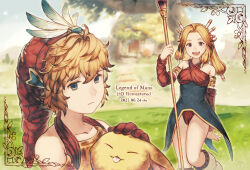 Rule 34 | 1boy, 1girl, bare shoulders, blonde hair, blue eyes, breasts, brown hair, closed mouth, cotelier, criss-cross halter, detached sleeves, dress, hair ornament, hair tubes, halterneck, hat, imu (lom), legend of mana, long hair, looking at viewer, medium breasts, open mouth, polearm, seiken densetsu, smile, toto (lom), weapon