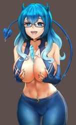 Rule 34 | 1girl, areola slip, bare shoulders, between breasts, black choker, blue-framed eyewear, blue bra, blue eyes, blue gloves, blue hair, blue horns, blue nails, blue pants, blue tail, blush, bra, braco, breasts, brown background, choker, cleavage, collarbone, commission, commissioner upload, covered erect nipples, cross, cross necklace, demon girl, demon horns, demon tail, elbow gloves, fingerless gloves, food, freckles, glasses, gloves, hair between eyes, heart, heart-shaped pupils, heart choker, highres, horns, jewelry, large breasts, long hair, looking at viewer, messy hair, multicolored hair, nail polish, navel, navel piercing, necklace, open mouth, original, pants, piercing, popsicle, rectangular eyewear, revealing clothes, saliva, saliva trail, grabbing own breast, sidelocks, simple background, smile, solo, sports bra, sweat, symbol-shaped pupils, tail, teeth, tongue, tongue out, tongue piercing, two-tone hair, underwear, unzipped, upper teeth only, wavy hair, yoga pants