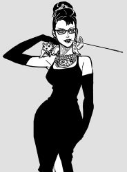 Rule 34 | 1girl, bad id, bare shoulders, bayonetta, bayonetta (series), bayonetta 2, bb (baalbuddy), breakfast at tiffany&#039;s, breasts, cigarette, cigarette holder, contrapposto, cowboy shot, diadem, dress, elbow gloves, glasses, gloves, grey background, greyscale, hand up, highres, inactive account, jewelry, looking to the side, medium breasts, mole, mole under mouth, monochrome, mouth hold, necklace, parted lips, simple background, skin tight, smile, smoke, smoking, solo, squirrel, standing