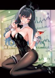 Rule 34 | 1girl, alcohol, animal ears, bare shoulders, black bow, black bowtie, black footwear, black hair, black leotard, blush, bow, bowtie, breasts, brown pantyhose, butterfly earrings, cleavage, collarbone, cropped, cup, detached collar, drinking glass, earrings, fake animal ears, fake tail, grin, hair between eyes, hario 4, high heels, highleg, highleg leotard, highres, holding, jewelry, large breasts, legs, leotard, long hair, looking at viewer, mole, mole under eye, nail polish, original, pantyhose, patent heels, playboy bunny, pumps, purple eyes, rabbit ears, rabbit tail, red nails, shoes, side-tie leotard, smile, solo, stiletto heels, strapless, strapless leotard, tail, thigh strap, third-party source, wine, wrist cuffs