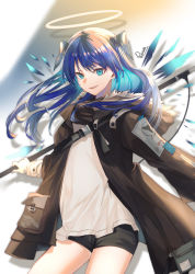 Rule 34 | 1girl, arknights, black jacket, black shorts, blue eyes, blue hair, buckle, cowboy shot, demon horns, energy wings, fallen angel, fur-trimmed hood, fur trim, gloves, halo, highres, holding, holding staff, hood, horns, jacket, kawausoman, long hair, long sleeves, mostima (arknights), open clothes, open jacket, open mouth, shirt, short shorts, shorts, signature, simple background, smile, solo, staff, standing, strap, thighs, white background, white gloves, white shirt
