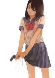 Rule 34 | 1girl, black eyes, black hair, blue sailor collar, bow, bowtie, commentary request, gemi, looking at viewer, original, parted lips, pleated skirt, purple skirt, red bow, red bowtie, sailor collar, school uniform, serafuku, shirt, short sleeves, simple background, skirt, smile, solo, standing, white background, white shirt, wringing clothes