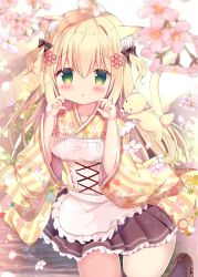 Rule 34 | 1girl, :&lt;, animal, animal ear fluff, animal ears, animal request, apron, azumi kazuki, black bow, black skirt, black thighhighs, blonde hair, blurry, blurry foreground, blush, bow, breasts, brown footwear, brown kimono, commentary request, depth of field, floral print, flower, frilled apron, frilled skirt, frills, green eyes, hair between eyes, hair bow, hands up, highres, japanese clothes, kimono, loafers, long hair, long sleeves, medium breasts, original, parted lips, pink flower, pleated skirt, print kimono, purple flower, shoes, skirt, solo, striped clothes, striped kimono, tail, tail raised, thighhighs, triangle mouth, two side up, vertical-striped clothes, vertical-striped kimono, very long hair, white apron, white flower, wide sleeves