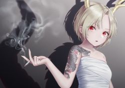 Rule 34 | 1girl, antlers, bandages, bare arms, bare shoulders, breasts, chest sarashi, cigarette, collarbone, commentary, dragon horns, dragon tattoo, drop shadow, gradient background, grey background, holding, holding cigarette, horns, kicchou yachie, looking at viewer, parted lips, red eyes, sarashi, short hair, shoulder tattoo, silver hair, small breasts, smoke, solo, strapless, tattoo, torinari (dtvisu), touhou, tube top, upper body
