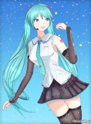 Rule 34 | 1girl, blue eyes, blue hair, confetti, detached sleeves, gradient background, hatsune miku, hatsune miku (vocaloid4), highres, long hair, microphone, necktie, nikkikaji, number tattoo, self-upload, shiny clothes, skirt, smile, tattoo, thighhighs, twintails, v4x, vocaloid
