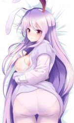 Rule 34 | 1girl, amisu, animal ears, ass, blush, closed mouth, commentary request, long hair, looking at viewer, panties, purple hair, rabbit ears, rabbit girl, red eyes, reisen udongein inaba, see-through, simple background, smile, solo, touhou, underwear, very long hair, white background