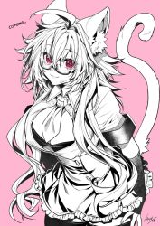 Rule 34 | 1girl, ahoge, animal ears, blush, bra, breasts, cat ears, cat girl, cat tail, cleavage, commentary request, cowboy shot, eyes visible through hair, glasses, greyscale, greyscale with colored background, hair between eyes, heart, highres, large breasts, long hair, looking at viewer, monochrome, necktie, original, pink background, red eyes, short sleeves, simple background, skirt, solo, tail, takatsuki ichi, thighhighs, underwear, watermark, zettai ryouiki