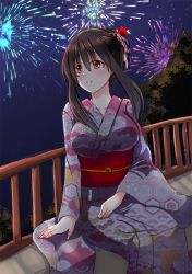 Rule 34 | 10s, 1girl, akagi (kancolle), alternate costume, alternate hairstyle, arm support, blush, breasts, brown eyes, brown hair, female focus, fireworks, japanese clothes, kantai collection, kimono, large breasts, long hair, looking up, neck, night, night sky, obi, sash, sitting, sky, smile, solo, sotogawa max, v-neck, wide sleeves, yellow eyes, yukata