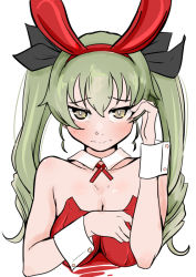 Rule 34 | 1girl, anchovy (girls und panzer), animal ears, black ribbon, blush, breasts, brown eyes, cleavage, collar, commentary, covering privates, covering breasts, cropped torso, detached collar, drill hair, fake animal ears, frown, girls und panzer, green hair, hair ribbon, hand in own hair, leotard, long hair, looking at viewer, medium breasts, monji (crazy flogman 1), neck ribbon, parted lips, playboy bunny, rabbit girl, red leotard, red ribbon, ribbon, simple background, solo, strapless, strapless leotard, twin drills, twintails, upper body, white background, white collar, wrist cuffs