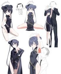 Rule 34 | 1boy, 1girl, armpits, arms up, arsyky14, bare legs, bare shoulders, black dress, black eyes, black hair, blue archive, breasts, carrying, china dress, chinese clothes, closed eyes, doodle sensei (blue archive), double bun, dress, formal, hair bun, half-closed eyes, highres, kisaki (blue archive), licking, licking armpit, off shoulder, pinstripe pattern, pinstripe suit, sensei (blue archive), small breasts, striped, suit, tongue, tongue out