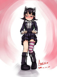 Rule 34 | 1girl, alternate costume, animal ears, annie (league of legends), backpack, bag, black dress, black footwear, black hair, blush, boots, breasts, cat ears, character name, clothes lift, commentary request, dated, dress, dress lift, embarrassed, fake animal ears, flipped hair, frilled dress, frills, frown, full body, goth annie, gothic lolita, hairband, half-closed eyes, heart, layered dress, league of legends, lifted by self, lolita fashion, long sleeves, looking away, looking down, motion lines, nam (valckiry), panties, panty peek, pantyshot, purple eyes, purple thighhighs, short hair with long locks, sidelocks, signature, single thighhigh, small breasts, solo, standing, striped clothes, striped thighhighs, tears, thighhighs, trembling, underwear, white panties, white thighhighs, zipper