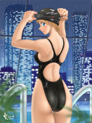 Rule 34 | 1girl, ass, blonde hair, blue eyes, cityscape, competition swimsuit, english text, from behind, goggles, indoors, looking back, night, nyanko batake, one-piece swimsuit, pool, pool ladder, poolside, profile, solo, standing, swim cap, swimsuit, window