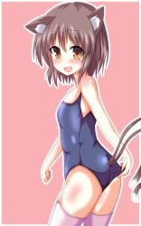 Rule 34 | 1girl, absurdres, adjusting clothes, adjusting swimsuit, alternate costume, animal ears, blush, brown eyes, brown hair, cat ears, cat tail, chen, fang, highres, looking at viewer, looking back, multiple tails, naba (take tonbo), nekomata, one-piece swimsuit, open mouth, pink background, pink thighhighs, school swimsuit, simple background, smile, solo, swimsuit, tail, thighhighs, touhou