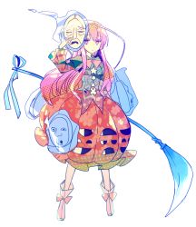 Rule 34 | 1girl, blue shirt, bow, bowtie, bubble skirt, floral print, footwear bow, full body, hata no kokoro, holding, holding mask, long hair, long sleeves, mask, naginata, nr (cmnrr), pink bow, pink bowtie, pink hair, pink skirt, polearm, shirt, shoes, skirt, solo, thighs, touhou, transparent background, unmoving pattern, weapon, white footwear