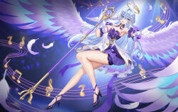 Rule 34 | 1girl, :d, absurdres, bare shoulders, blue hair, blush, bracelet, breasts, chinese commentary, cleavage, commentary, dress, earrings, elbow gloves, feathered wings, feathers, from side, full body, gloves, hair between eyes, halo, high heels, highres, holding, honkai: star rail, honkai (series), jewelry, large breasts, light blue hair, long hair, looking at viewer, musical note, open mouth, outstretched arm, pearl bracelet, pink wings, purple dress, purple footwear, robin (honkai: star rail), single earring, smile, solo, spotlight, strapless, strapless dress, suleda kk, thighs, two-tone dress, very long hair, white dress, white wings, wings