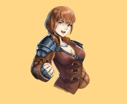 Rule 34 | 1girl, between breasts, breasts, cleavage, cropped torso, fire emblem, fire emblem: three houses, highres, jewelry, leonie pinelli, looking at viewer, medium breasts, necklace, nintendo, open mouth, orange eyes, orange hair, rod langhi, single shoulder pad, solo, strap between breasts, yellow background