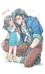 Rule 34 | 1boy, 1girl, 80850love fu, asymmetrical bangs, belt, black hair, blouse, blue dress, blue jacket, blush, boots, brown pants, buttons, child, closed eyes, cropped jacket, dog tags, dress, ellone, father and daughter, final fantasy, final fantasy viii, fingerless gloves, full body, gloves, hair between eyes, hand on lap, hand on own knee, highres, jacket, kneeling, laguna loire, long hair, medium hair, pants, shirt, short dress, sideburns, sleeves rolled up, smile, standing, teeth, white shirt