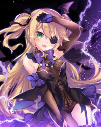 Rule 34 | 1girl, :d, arm up, bare shoulders, black bow, black leotard, blonde hair, blush, bow, breasts, brown sleeves, brown thighhighs, commentary request, detached sleeves, eyepatch, fischl (genshin impact), garter straps, genshin impact, gloves, gluteal fold, green eyes, hair between eyes, hair bow, highres, leotard, long hair, long sleeves, looking at viewer, nanamomo rio, open mouth, purple bow, purple gloves, single leg pantyhose, single thighhigh, small breasts, smile, solo, thigh gap, thighhighs, two side up, very long hair