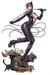 Rule 34 | 1girl, animal, animal ears, animification, batman, batman (series), belt, black hair, bodysuit, boots, breasts, cape, cat, catwoman, claws, cleavage, clenched teeth, collar, dc comics, fake animal ears, full body, gargoyle, gloves, goggles, goggles on head, green eyes, high heels, hood, knee boots, leg lift, lipstick, looking at viewer, makeup, mouth hold, muscular, naughty face, no bra, open clothes, open mouth, platform footwear, selina kyle, shoes, simple background, skin tight, solo, standing, standing on one leg, statue, strap, superhero costume, teeth, tongue, torn clothes, unzipped, weapon, whip, white background, yamashita shun&#039;ya, zipper