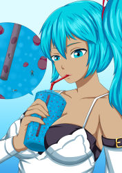 Rule 34 | between breasts, blue eyes, blue hair, breasts, candy, cleavage, dress, drink, drinking straw, food, giant, giantess, heihei li, highres, mini person, miniboy, notetz, person between breasts, shrinking, solo, vore, white dress