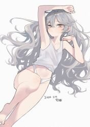 Rule 34 | 1girl, arm on own head, arm up, bare legs, bare shoulders, barefoot, blush, closed mouth, collarbone, dated, dutch angle, feet, foot out of frame, grey hair, hair between eyes, hair spread out, highleg, highleg panties, highres, knee up, looking at viewer, lying, mimelond, navel, on back, orange eyes, original, panties, shirt, simple background, sleeveless, sleeveless shirt, smile, solo, stomach, tank top, thighs, toes, underwear, white background, white panties, white tank top