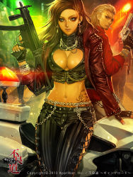 Rule 34 | 1boy, 1girl, arm support, blonde hair, blue eyes, bracelet, breasts, brown hair, chain, cigarette, cleavage, cleavage cutout, clothing cutout, cornrows, cross, cross-laced clothes, cross-laced cutout, earrings, fingerless gloves, furyou michi ~gang road~, gloves, gun, h&amp;k mp5k, heart cutout, heckler &amp; koch, highres, holding, holding gun, holding weapon, jewelry, kurodo melissa, large breasts, leather, long hair, looking at viewer, looking back, lots of jewelry, midriff, mole, navel, official art, submachine gun, tattoo, thigh gap, trigger discipline, vertical forward grip, weapon, xaxak