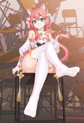 Rule 34 | 1girl, absurdres, animal ears, blue eyes, breasts, cat ears, cat tail, chair, chinese commentary, classroom, closed mouth, commentary request, convenient leg, crossed legs, desk, detached collar, detached sleeves, dress, eyelashes, feet, frilled dress, frills, hair ornament, hand up, highres, indie virtual youtuber, leaning back, legs, long hair, looking at viewer, nail polish, no shoes, on desk, pink dress, pink hair, pink nails, sakurada hane, school chair, school desk, shadow, shiny skin, short dress, sidelocks, sitting, on desk, small breasts, soles, solo, tail, thighhighs, thighs, toes, virtual youtuber, white thighhighs, xo (xo17800108)