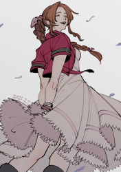 Rule 34 | 1girl, absurdres, aerith gainsborough, arms behind back, belt, boots, bracelet, braid, braided ponytail, breasts, brown hair, closed eyes, cropped jacket, dress, falling petals, final fantasy, final fantasy vii, final fantasy vii remake, hair ribbon, highres, jacket, jewelry, long dress, long hair, medium breasts, oimo (oimkimn), open mouth, parted bangs, petals, pink dress, red jacket, ribbon, sidelocks, smile, solo, square enix, teeth, upper body, upper teeth only, wavy hair