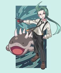 Rule 34 | 1girl, ahoge, black gloves, black necktie, black pants, boots, bright pupils, brown footwear, clodsire, collared shirt, commentary request, creatures (company), game freak, gloves, green hair, hand in pocket, highres, holding, holding poke ball, long hair, necktie, nintendo, open mouth, outline, pants, poke ball, poke ball (basic), pokemon, pokemon (creature), pokemon sv, ponytail, red eyes, rika (pokemon), shirt, sleeves rolled up, smile, standing, suspenders, sutokame, white pupils