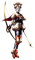 Rule 34 | 1girl, arrow (projectile), blue eyes, bow (weapon), breasts, diana, diana (soul hackers), full body, gloves, hat, highres, lips, official art, parted lips, quiver, red footwear, red gloves, simple background, solo, soul hackers, standing, tagme, weapon, what, white background