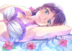 Rule 34 | 10s, 1girl, absurdres, arm up, armpits, bikini, breasts, cleavage, commentary request, flower, frilled bikini, frills, green eyes, hair flower, hair ornament, hand on own chest, happy birthday, highres, lace, lace-trimmed bikini, lace trim, long hair, looking at viewer, love live!, love live! school idol festival, love live! school idol project, lying, medium breasts, on back, parted lips, purple hair, shaka (staito0515), solo, swimsuit, tojo nozomi