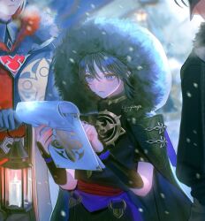 Rule 34 | 1boy, 2others, 4the2ofus, armor, artist name, belt, black coat, black hair, black shirt, black shorts, blue gloves, blurry, blurry background, branch, candle, closed mouth, coat, commentary request, eyeshadow, fatui agent (genshin impact), fatui pyro agent (genshin impact), fur trim, genshin impact, gloves, gold necklace, grey hair, hair between eyes, hands up, highres, holding, holding lantern, hood, hooded coat, japanese armor, jewelry, kote, kurokote, lantern, lapels, long sleeves, looking at object, makeup, mandarin collar, mask, mitsudomoe (shape), multiple others, necklace, official alternate costume, open clothes, open coat, outdoors, purple eyes, red belt, red eyeshadow, scaramouche (genshin impact), shirt, short hair, shorts, snow, snowing, standing, tomoe (symbol), white coat, winter, winter clothes