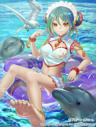 Rule 34 | 1girl, anklet, barefoot, bird, breasts, cleavage, cleavage cutout, clothing cutout, dolphin, double bun, feet, green hair, hair bun, headdress, innertube, jewelry, legs, looking at viewer, midriff, navel, seagull, short hair, sitting, sleeping-pig, smile, soles, solo, swim ring, tenka touitsu chronicle, toes, yellow eyes
