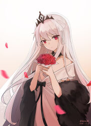 Rule 34 | 1girl, absurdres, artist name, bare shoulders, black bow, black collar, bouquet, bow, bridal veil, closed mouth, collar, crown hair ornament, dated, detached collar, dress, falling petals, flower, girls&#039; frontline, highres, holding, holding bouquet, kar98k (girls&#039; frontline), kar98k (purity in vermilion) (girls&#039; frontline), long hair, looking at viewer, off shoulder, official alternate costume, petals, red eyes, red flower, sakatakin, solo, tiara, upper body, veil, very long hair, wedding dress, white hair