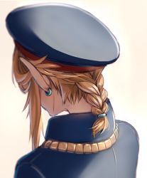 Rule 34 | 1boy, blonde hair, blue hat, braid, from behind, hat, link, long hair, male focus, military, military hat, military uniform, neck, nintendo, otton, simple background, solo, the legend of zelda, the legend of zelda: breath of the wild, uniform