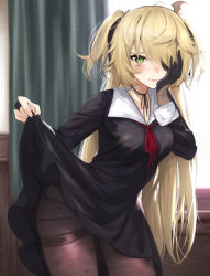 Rule 34 | 1girl, absurdres, alternate costume, black dress, black gloves, blonde hair, blush, breasts, brown pantyhose, clothes lift, covering one eye, curtains, dress, dress lift, fischl (genshin impact), genshin impact, gloves, green eyes, hair ornament, has bad revision, has downscaled revision, highres, huge filesize, long hair, looking at viewer, md5 mismatch, medium breasts, nail polish, pantyhose, parted lips, partially fingerless gloves, red neckwear, resolution mismatch, revision, school uniform, shuuchiin academy school uniform, solo, source smaller, torriet, two side up