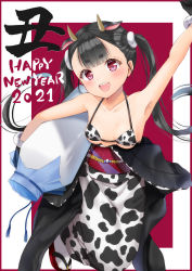 Rule 34 | 1girl, 2021, :d, absurdres, animal ears, animal print, arm up, armpits, bikini, bikini top only, black hair, blunt bangs, bottle, breasts, collarbone, cow ears, cow horns, cow print, extra ears, happy new year, highres, holding, holding bottle, horns, long hair, looking at viewer, milk bottle, new year, obi, open mouth, original, pink eyes, sash, small breasts, smile, solo, swimsuit, teeth, thick eyebrows, twintails, upper teeth only, yoshida iyo