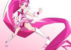 Rule 34 | 1girl, absurdly long hair, bike shorts, boots, bow, bowtie, brooch, choker, clenched hands, closed mouth, covered navel, cure blossom, dress, earrings, floating hair, frown, fuchi (nightmare), full body, gradient background, hair bow, heart, heart brooch, heartcatch precure!, high ponytail, jewelry, knee boots, layered dress, long hair, parted bangs, pink background, pink dress, pink hair, precure, red bow, red bowtie, red choker, red eyes, red shorts, shiny skin, short dress, short shorts, shorts, shorts under dress, solo, stance, v-shaped eyebrows, very long hair, white background, white footwear