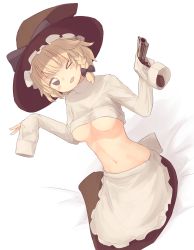 Rule 34 | 1girl, apron, areola slip, black eyes, black skirt, blonde hair, blouse, blue bow, blush, bow, braid, breasts, commentary request, cookie (touhou), dutch angle, frilled apron, frills, full body, gun, hair between eyes, hair bow, hat, hat bow, highres, holding, holding gun, holding weapon, kirisame marisa, looking at viewer, medium breasts, miyako (naotsugu), navel, one eye closed, open mouth, shirt, short hair, side braid, single braid, skirt, solo, touhou, underboob, weapon, white apron, white shirt, yuuhi (cookie)