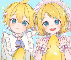 Rule 34 | 1boy, 1girl, :3, ahoge, ascot, blonde hair, blue background, blue eyes, blush, bow, brother and sister, frilled shirt collar, frills, hair ornament, hairclip, hat, holding, holding pillow, kagamine len, kagamine rin, long sleeves, looking at viewer, mob cap, open mouth, pillow, project sekai, see-through, see-through sleeves, short hair, siblings, sleeve cuffs, smile, star (symbol), star hair ornament, star-shaped pillow, twins, upper body, vocaloid, yusa popo