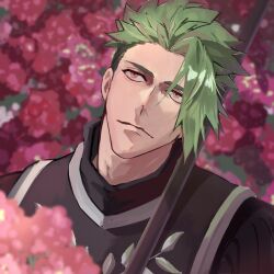 Rule 34 | 1boy, absurdres, achilles (fate), armor, blurry, blurry background, blurry foreground, brown eyes, closed mouth, fate/apocrypha, fate (series), flower, green hair, haruakira, head tilt, highres, looking up, male focus, mature male, pink flower, polearm, short hair, undercut, upper body, weapon